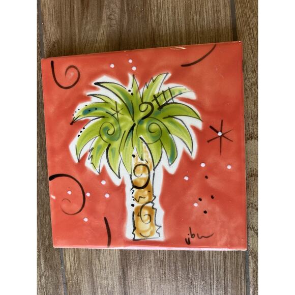 Palm tree hand painted Signed ceramic art tile 6 x 6 Charleston SC 2006 - Picture 1 of 5